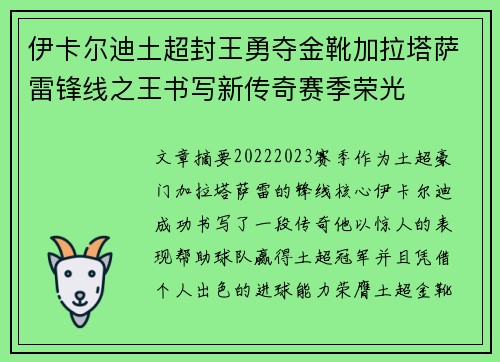 伊卡尔迪土超封王勇夺金靴加拉塔萨雷锋线之王书写新传奇赛季荣光